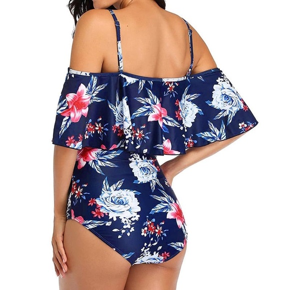 Dark Blue Floral Maternity Swimsuit One Piece Ruffle Spaghetti Straps  Size M - Picture 6 of 7